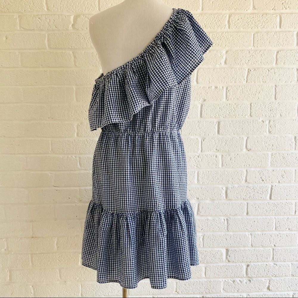 MINKPINK GINGHAM DRESS SUMMER LARGE ONE SHOULDER RUFFLE MINI WANDERER BLUE WHITE - Picture 9 of 15